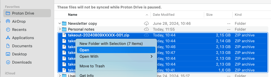 A screenshot displaying a zipped Google Takeout files being opened in the Proton Drive desktop app