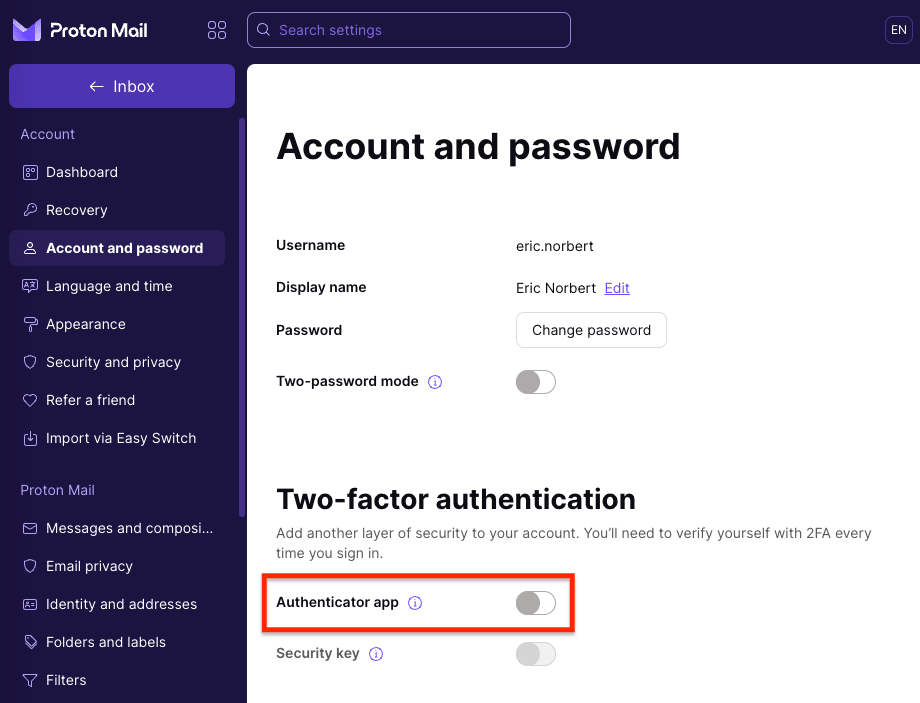 Authenticator app switch to turn off two-factor authentication
