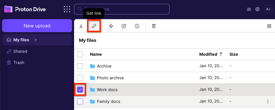 Get link icon to share a file with Proton Drive