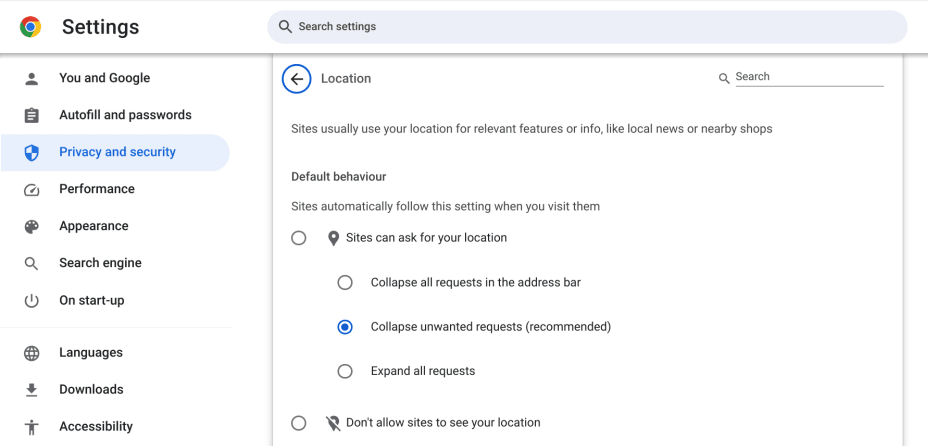 Turn Location services on or off on the Chrome system app