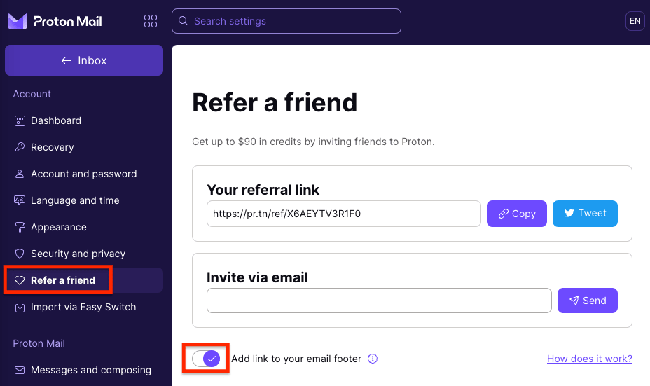 Refer a friend section of settings showing the Add link to your email footer switch