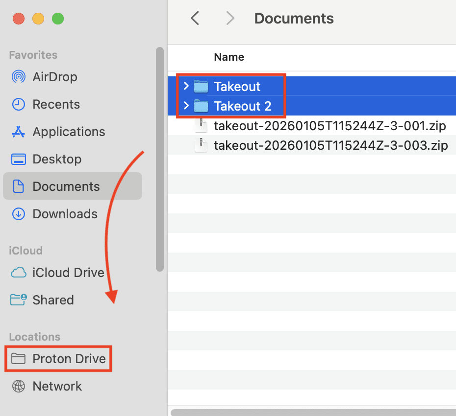 How to move unzipped Google Drive files (via Google Takeout) to Proton Drive on macOS