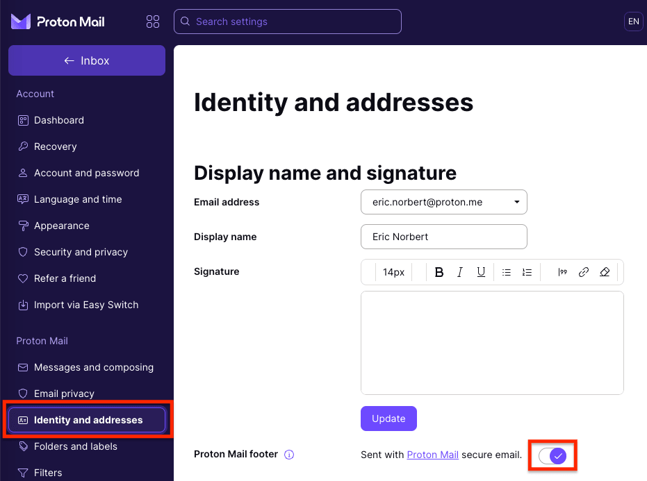 Sent with Proton Mail switch in the Identity and addresses section of your settings