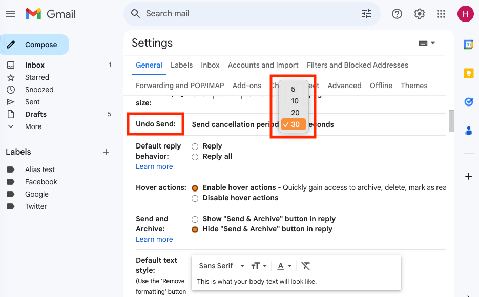 Undo send dropdown menu to change the cancellation period on the Gmail web app