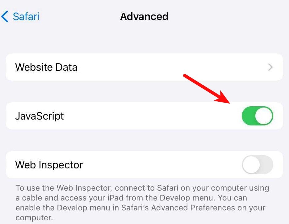 Image of how to enable JavaScript in Safari iOS