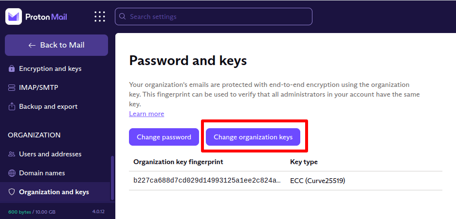 Change organization keys