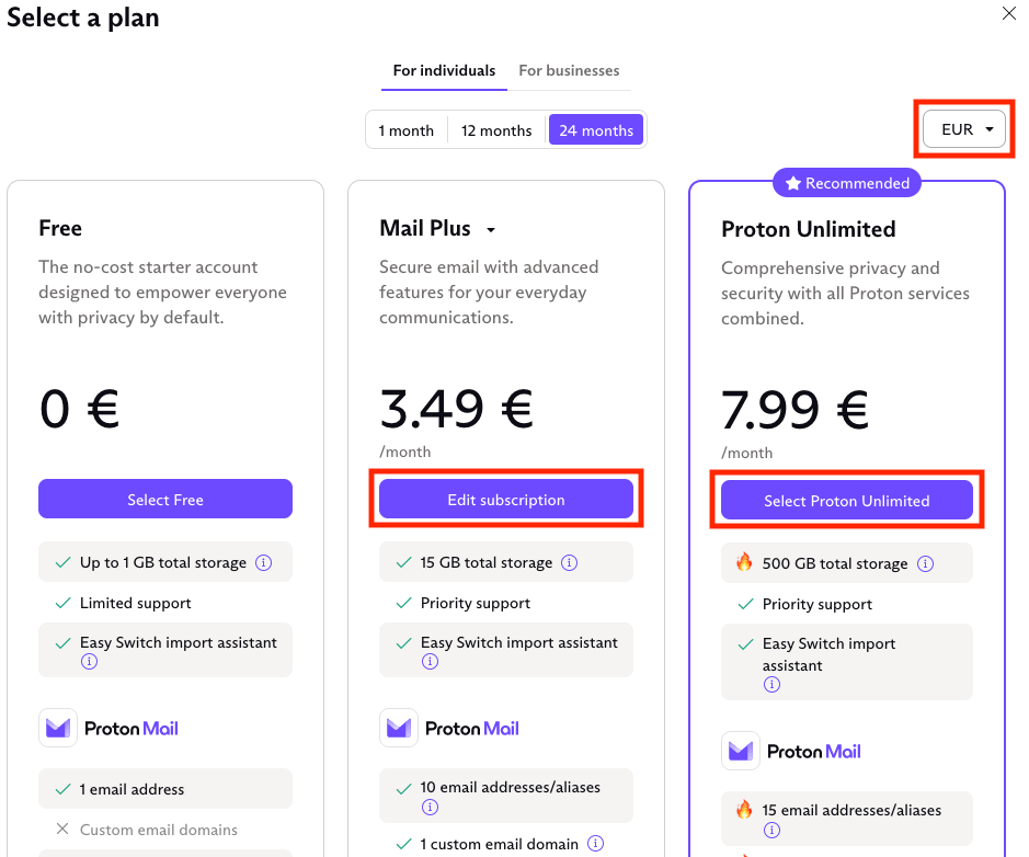 Change currency dropdown menu on Select a plan page