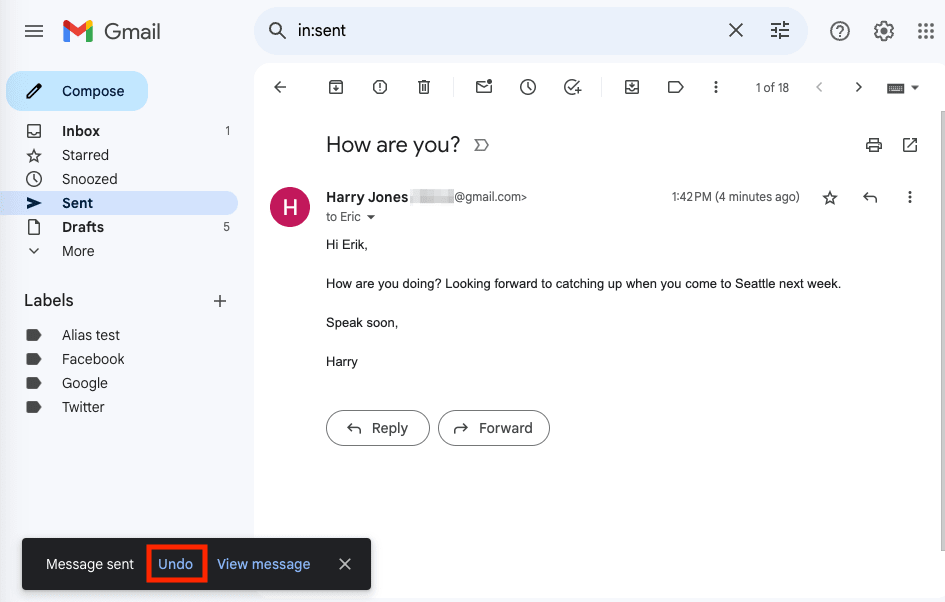 Gmail Undo option to unsend an email