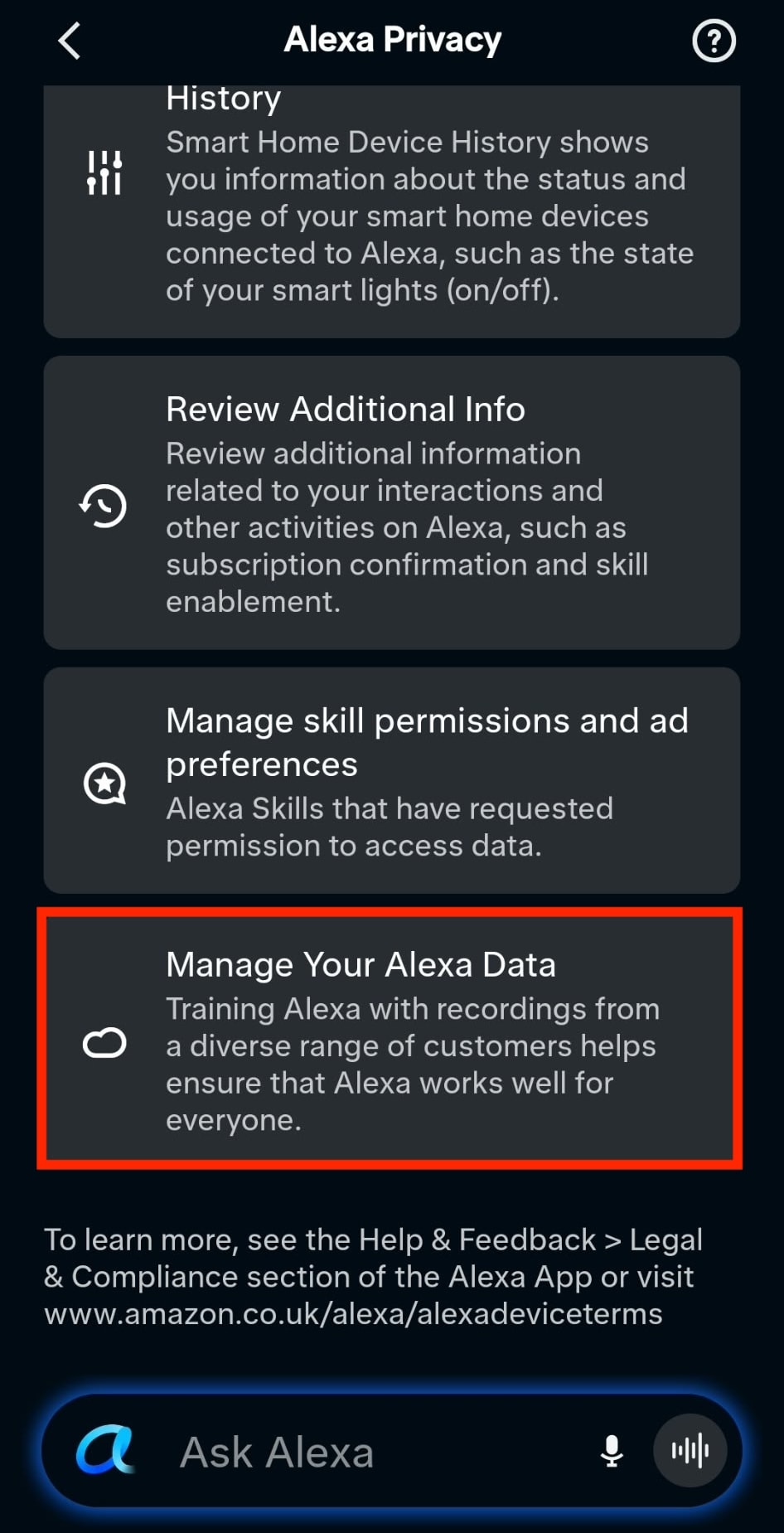 The Alexa Privacy panel highlights the 'Manage Your Alexa Data' setting