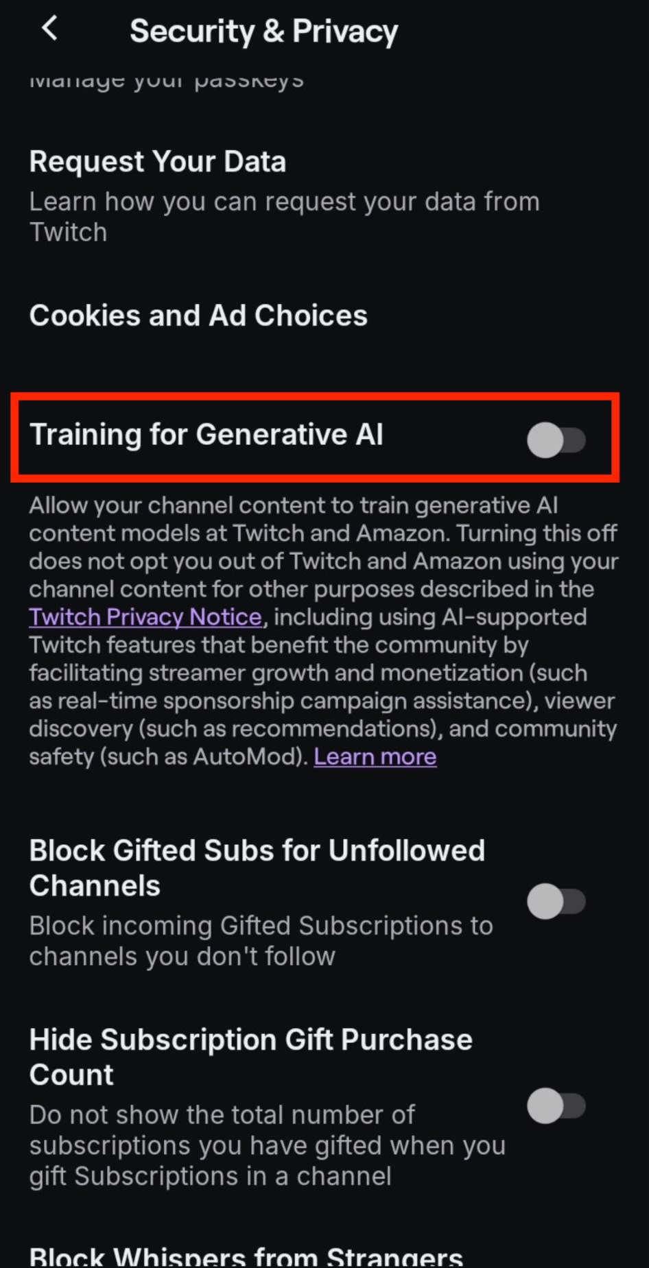 The Twitch 'Security & Privacy' panel shows how to disable 'Training for Generative AI'