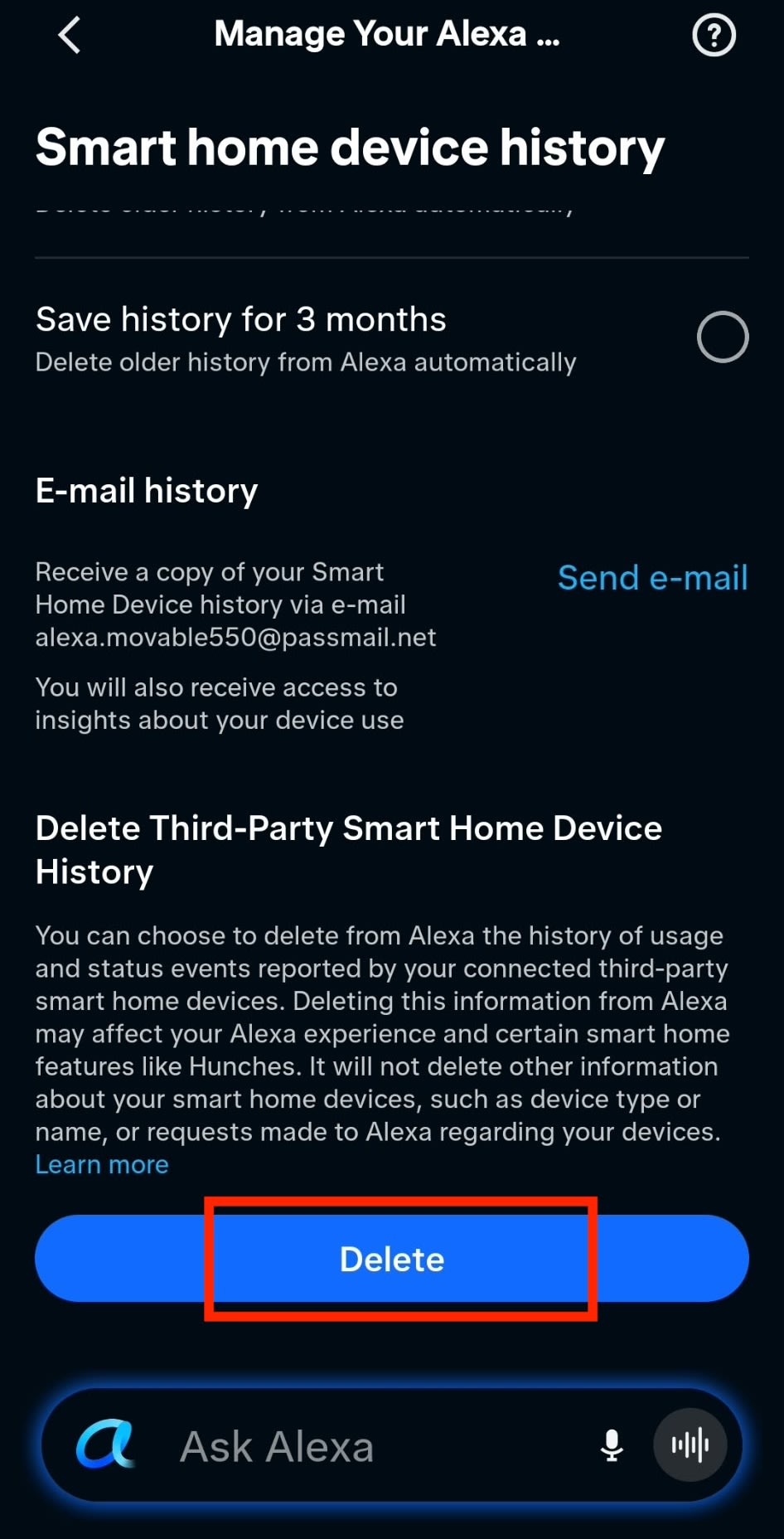 The Alexa 'Smart home device history' panel highlights the delete setting