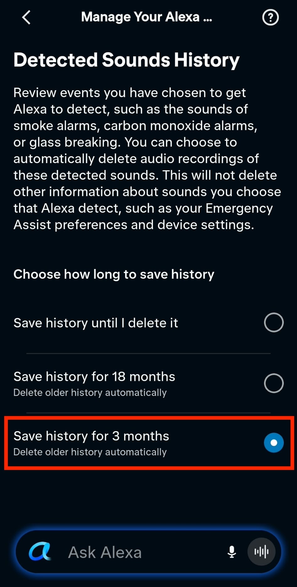 The Alexa 'Detected Sounds History' panel highlights the 'Save history for 3 months' setting