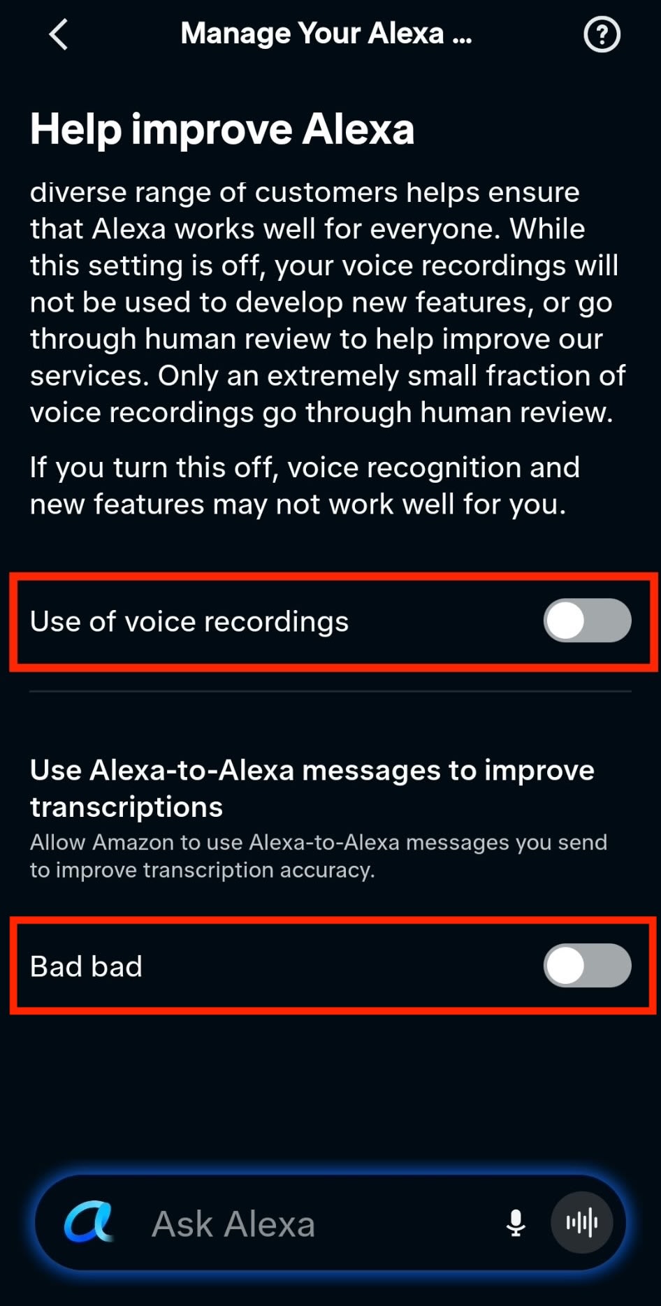 The 'Help improve Alexa' panel shows how to disable use of voice recordings and and use of Alexa-to-Alexa messages to improve transcriptions