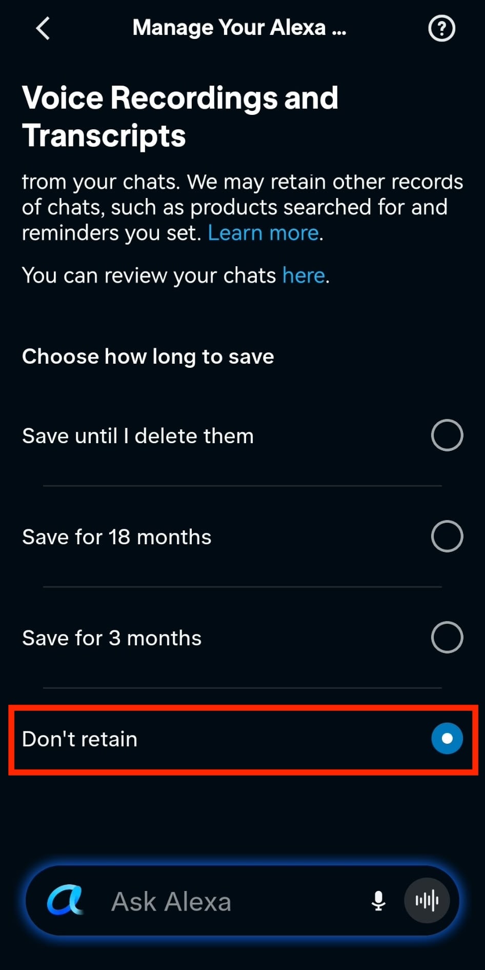 The 'Manage Your Alexa Data' panel highlights the 'Don't retain' setting
