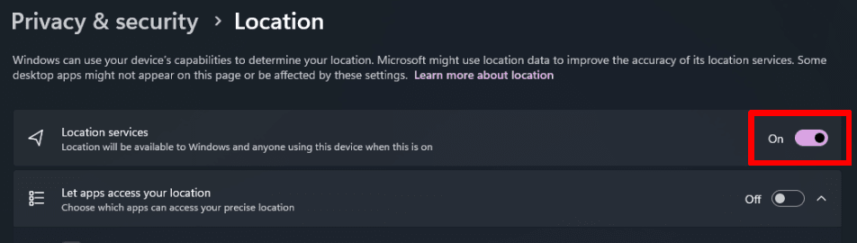 Turn Location services on or off on Windows