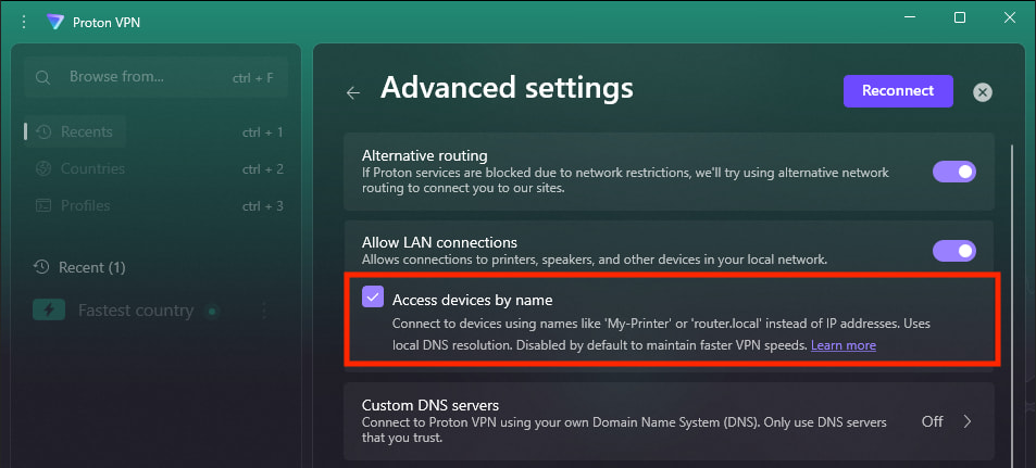The Access devices by name setting