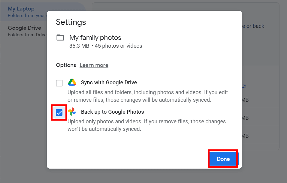 The Google Drive desktop app for Windows highlights the "Back up to Google Photos" setting
