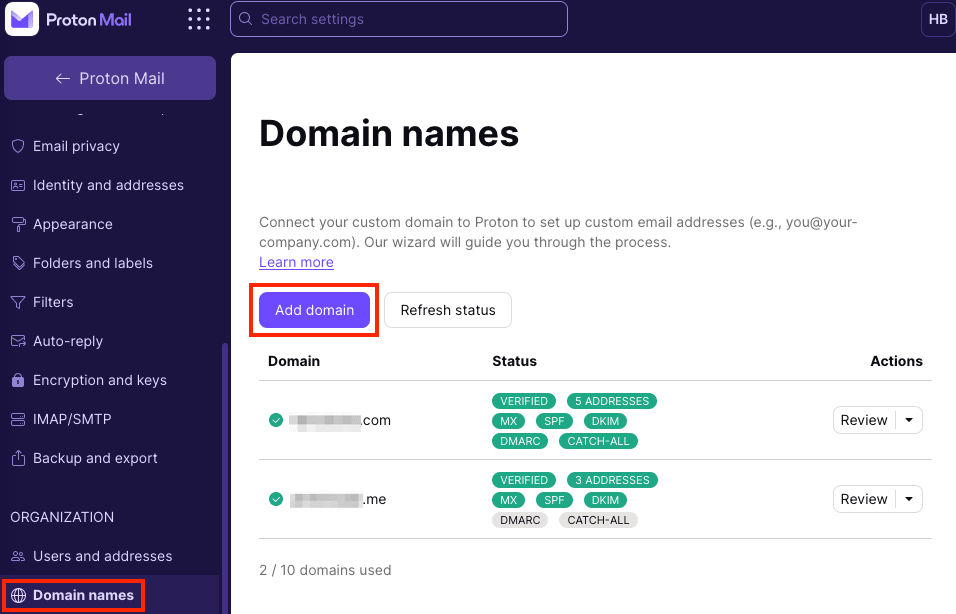 Add domain button