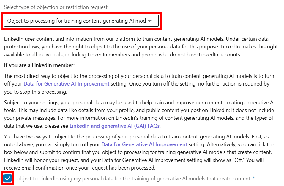 LinkedIn shows how to access the Data Processing Objection Form