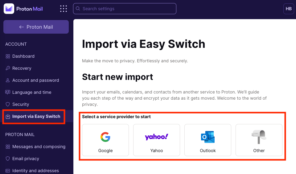 Easy Switch-Schaltflächen, um einen Dienstanbieter auszuwählen und den Import deiner E-Mails von einem anderen Anbieter zu starten