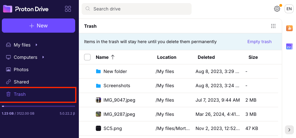 The Drive web app’s Trash folder