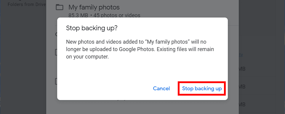 The Google Drive desktop app for Windows asks for confirmation to disable Google Photos backup
