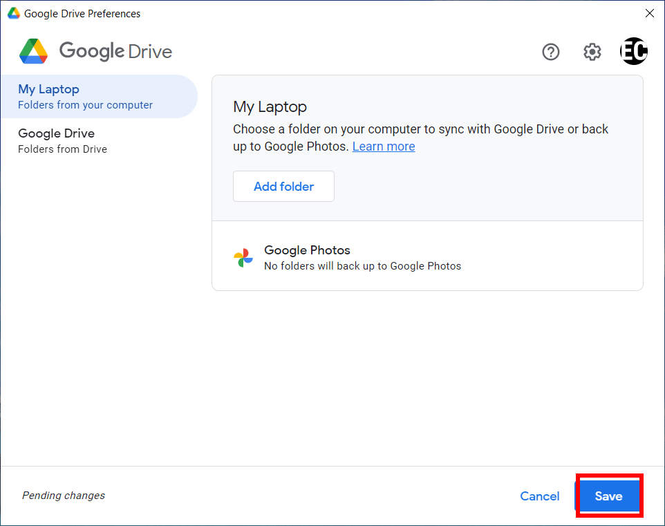 The Google Drive desktop app for Windows highlights the "Save" button in "Preferences"