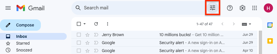 Gmail show search options adjustment icon