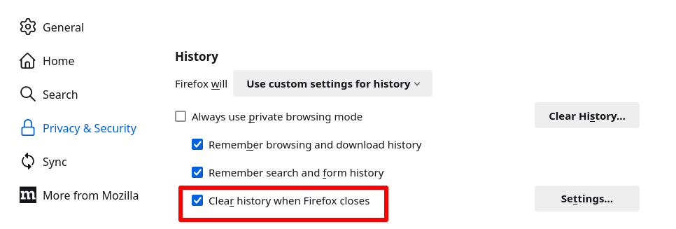 Clear history when Firefox closes