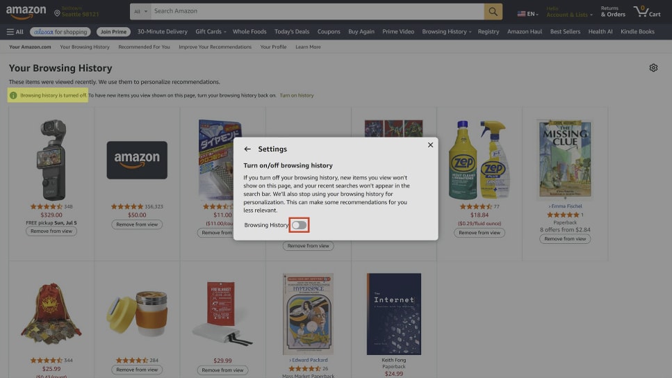 Amazon browsing history toggle