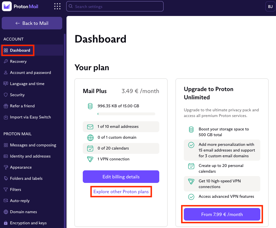 Dashboard showing your plan and recommended upgrade