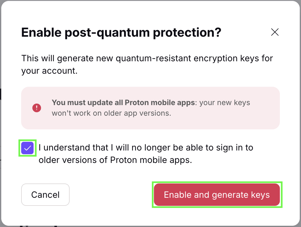 Proton Mail highlighting the confirmation setings for the "Enable post-quantum protection" option