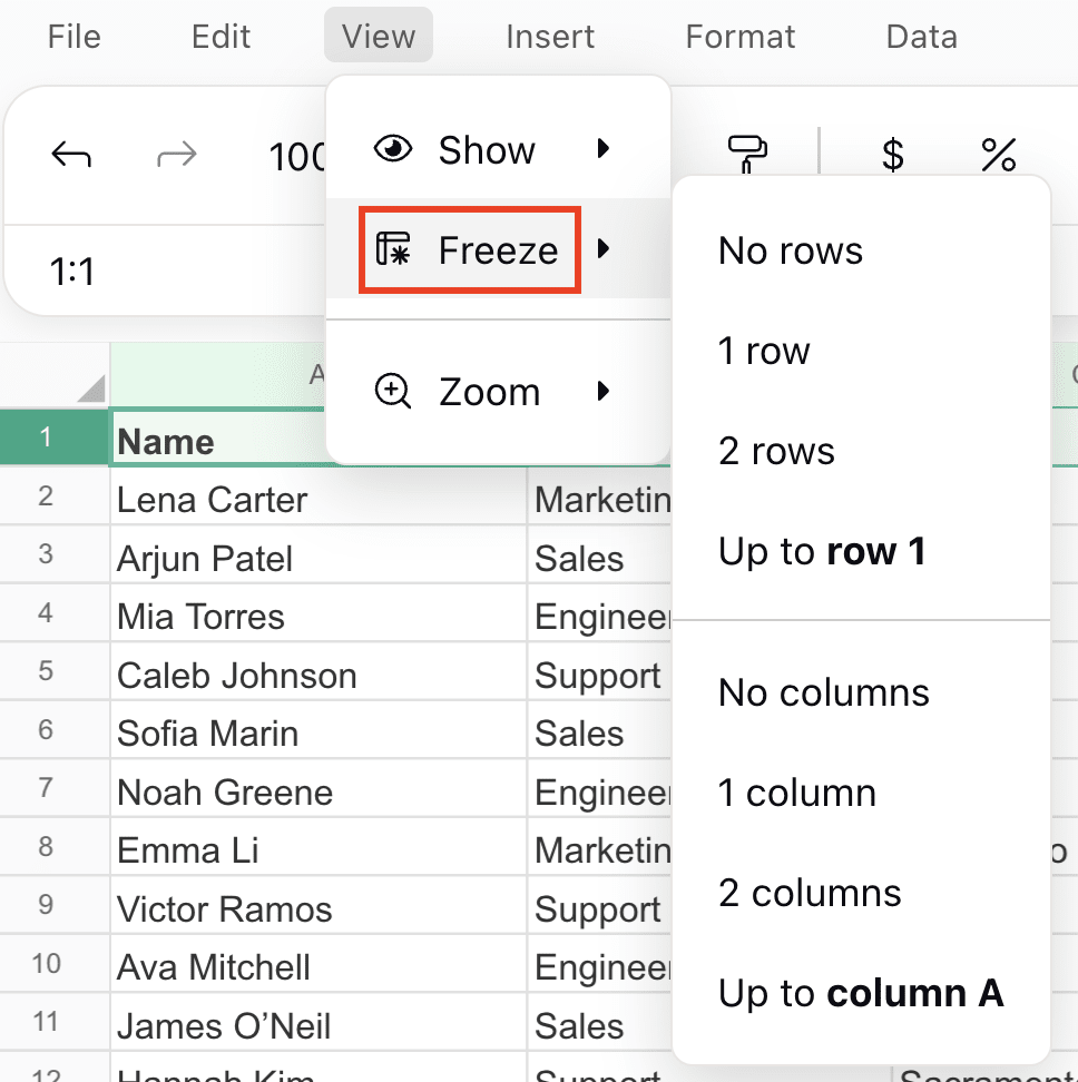How to freeze rows and columns in Proton Sheets