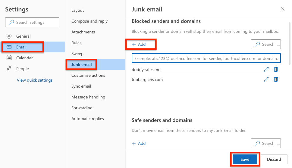 Option in Outlook to add an email address or domain to block