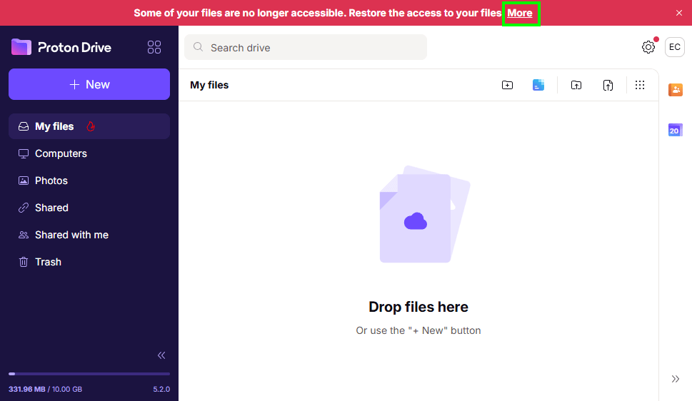 Proton Drive shows the "Your files are no longer accessible due to a password reset" error