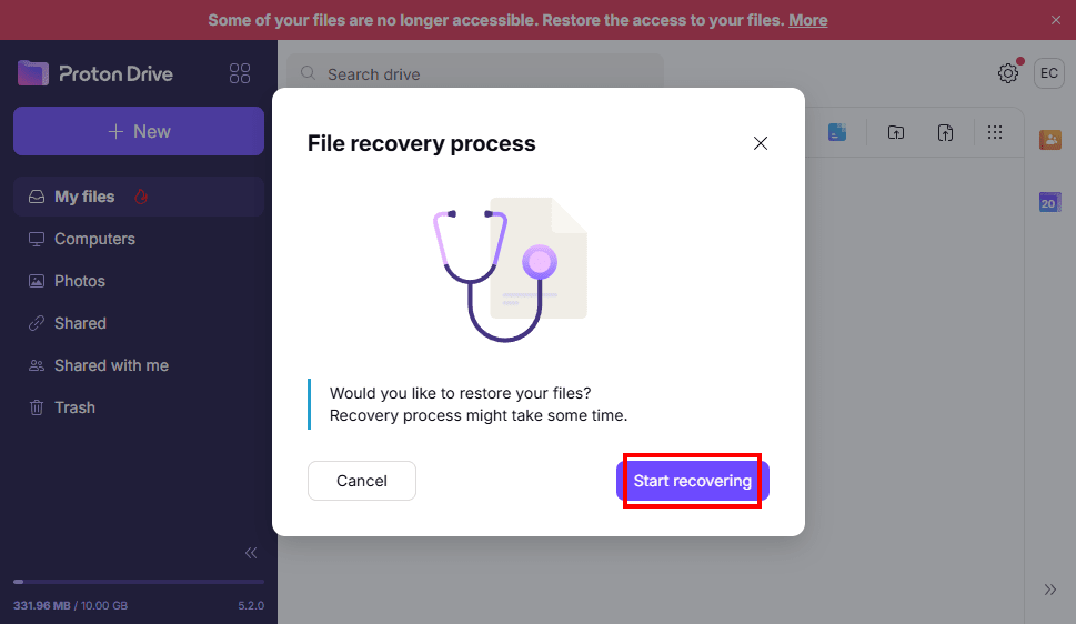 Proton Drive shows the file recovery process