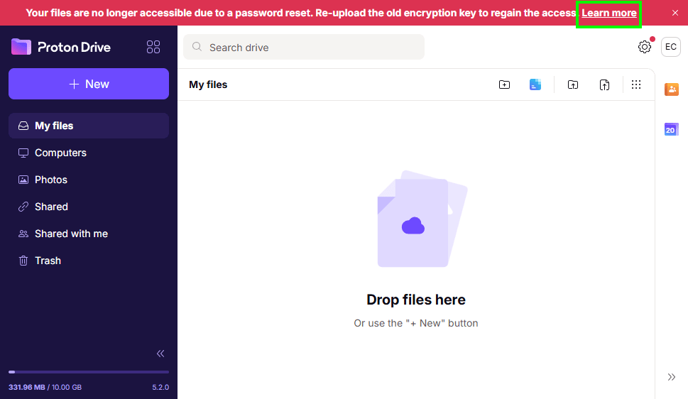 Proton Drive shows the "Your files are no longer accessible due to a password reset" error