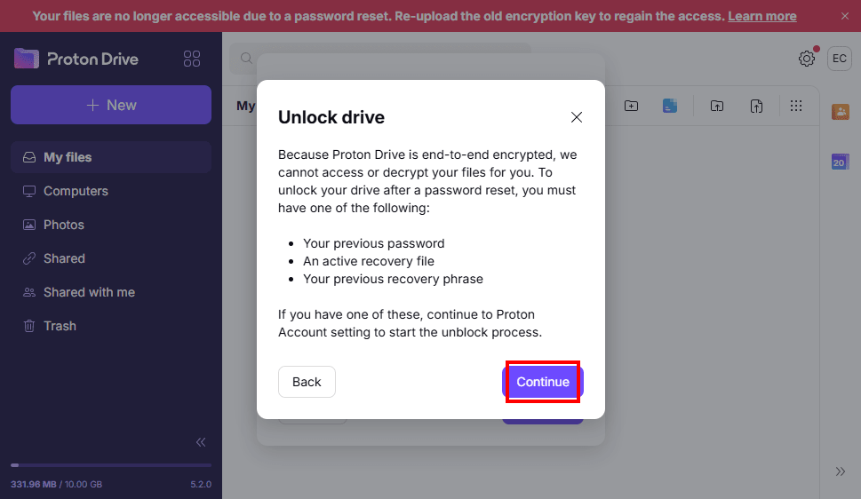 Proton Drive shows the drive unlocking option