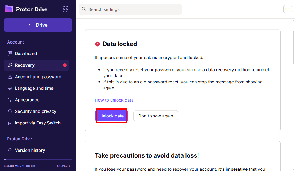 Proton Drive shows the data unlocking option