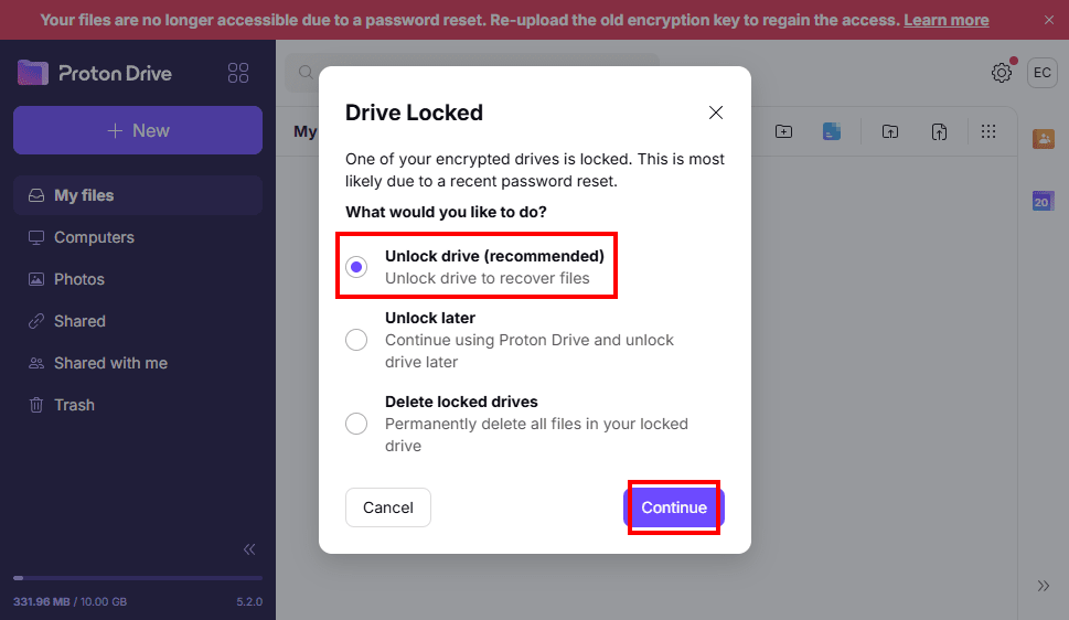 Proton Drive shows the drive unlocking option