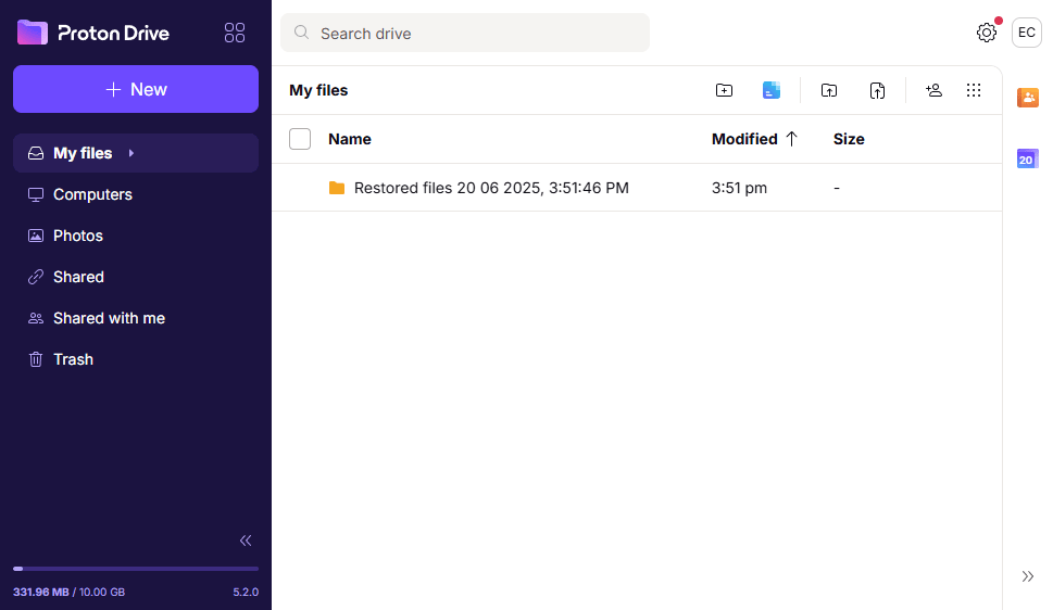 Proton Drive shows a folder with restored files
