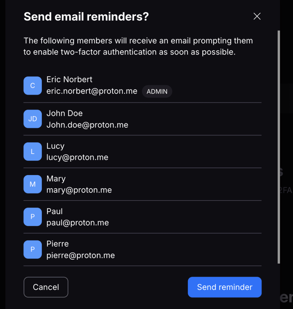 A screenshot displaying the process to send user reminders to set up two-factor authentication in Proton Drive for Business.