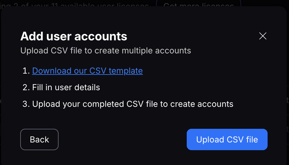 Screenshot of "add user accounts" section for bulk upload in Proton Drive for Business