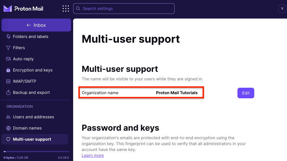 Organization name in the Multi-user support section of your settings