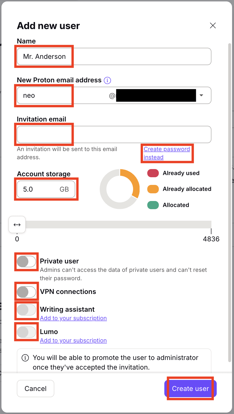 How to configure settings when adding a user to your custom domain in Proton Mail