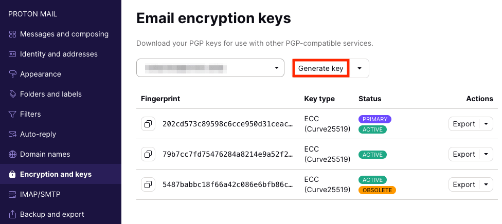 Button to generate a new encryption key