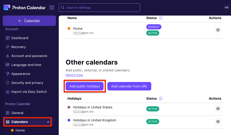 Add public holidays button in the Other Calendars settings