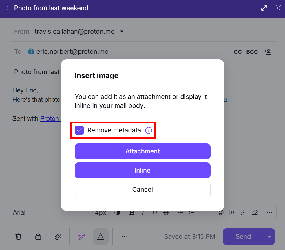 Proton Mail offers to remove metadata before sending image attachments