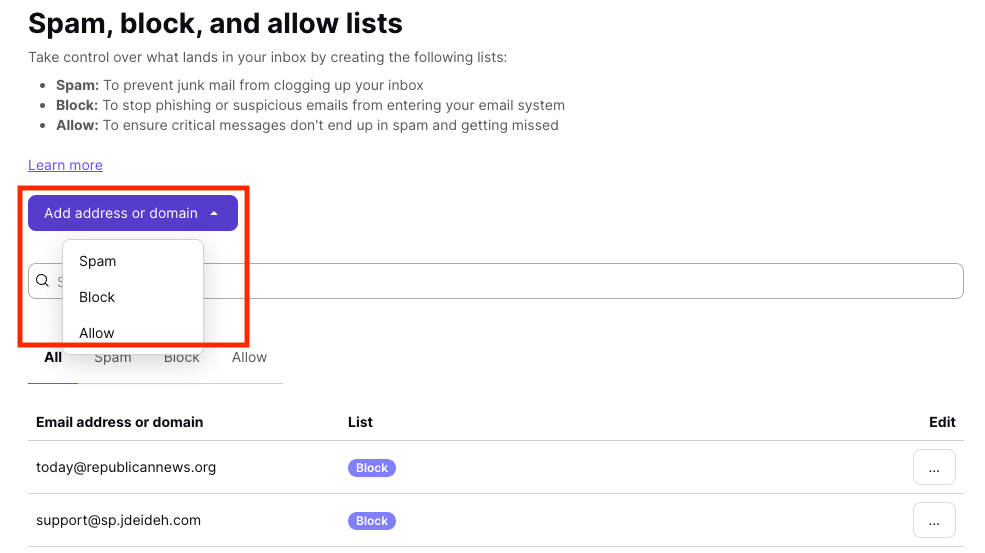 Mostrando come aggiungere un indirizzo email o un dominio alle tue liste di spam, blocco e indirizzi consentiti in Proton Mail