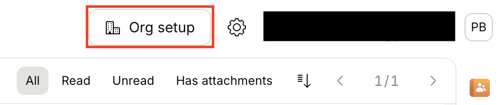 Proton Mail highlights the "Org setup" button